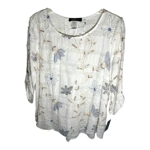 Yushi white tunic embroidered flowered top with sequence Top w/frayed edges - Picture 4 of 11
